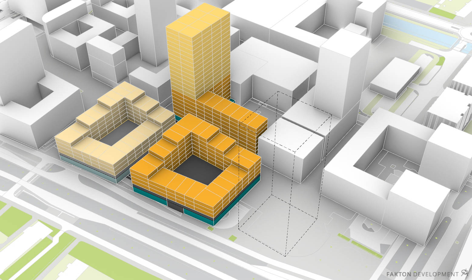 Schalkwijk scenario 02: Drie bouwblokken met een toren op het noordelijk bouwblok. Parkeren ondergronds en op de eerste verdieping. Extra straat voor fasering en doorwaardbaarheid van gebied. Optimalisatie in bezonning.