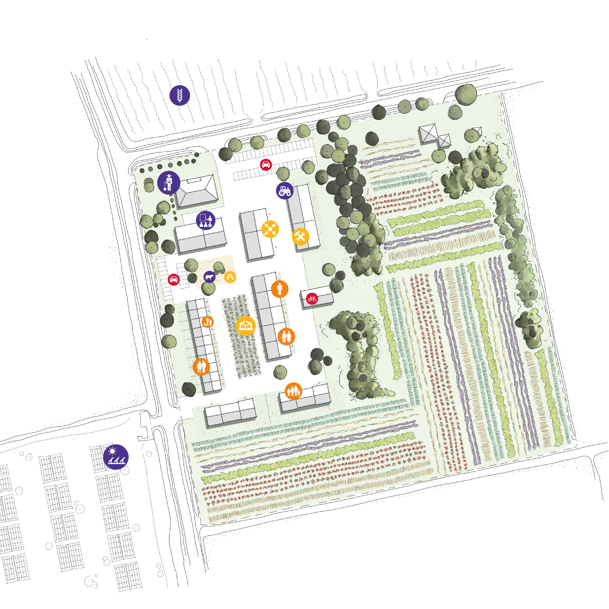 Een geschetste plattegrond van een agrarische kavel ontwikkeld tot een nieuw boeren erf.