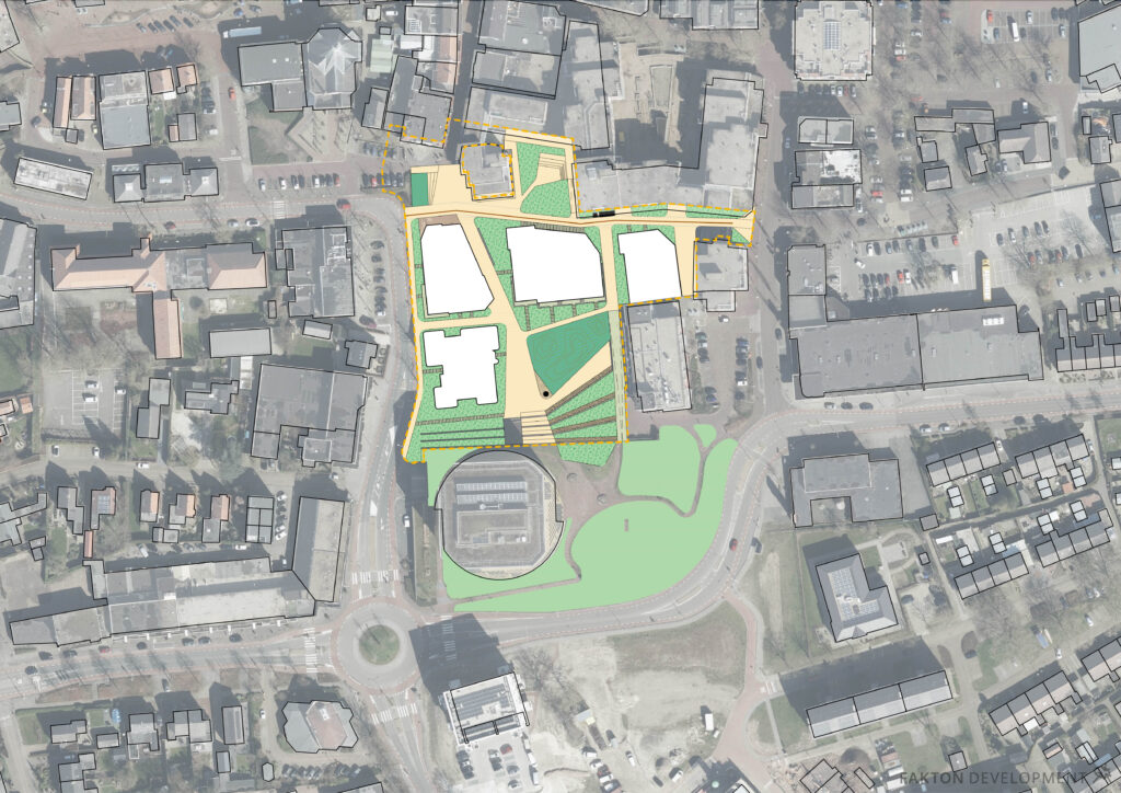 Nieuwe situatie in Hardenberg: toevoeging van 4 gebouwen en een nieuwe, groene route naar het kernwinkelgebied.