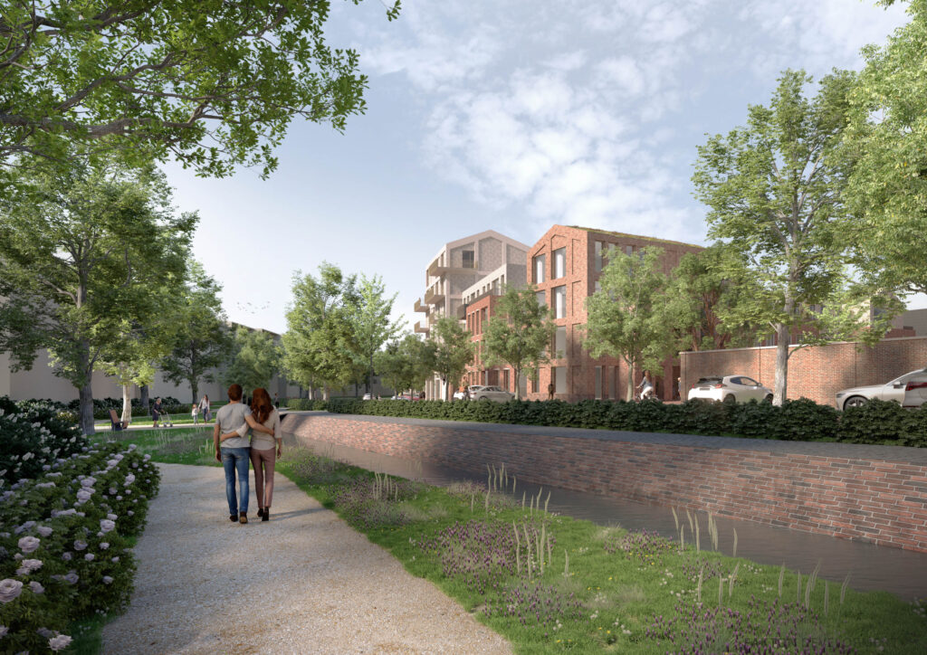 Een render van een nieuwe situatie in Oldenzaal, je ziet een groene, historische route met alzijdige woningen en voorzieningen. ​